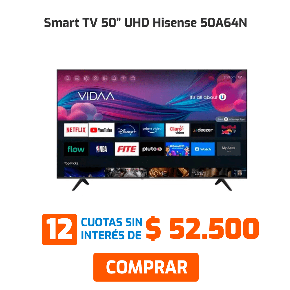 Smart TV 50” UHD Hisense 50A64N 12 cuotas sin interés de $52.500 COMPRAR